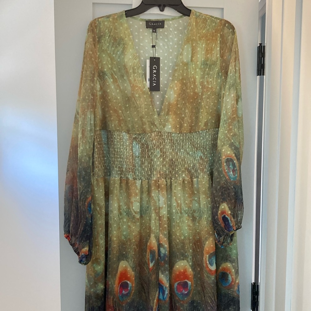 Peacock feather print extravaganza dress.